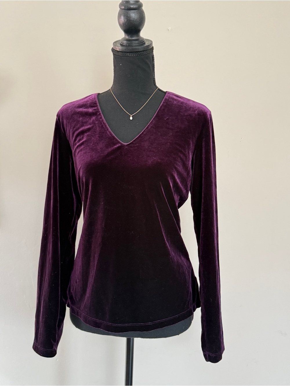 Morgan Taylor Velvet V-Neck Long Sleeve Top - Plum